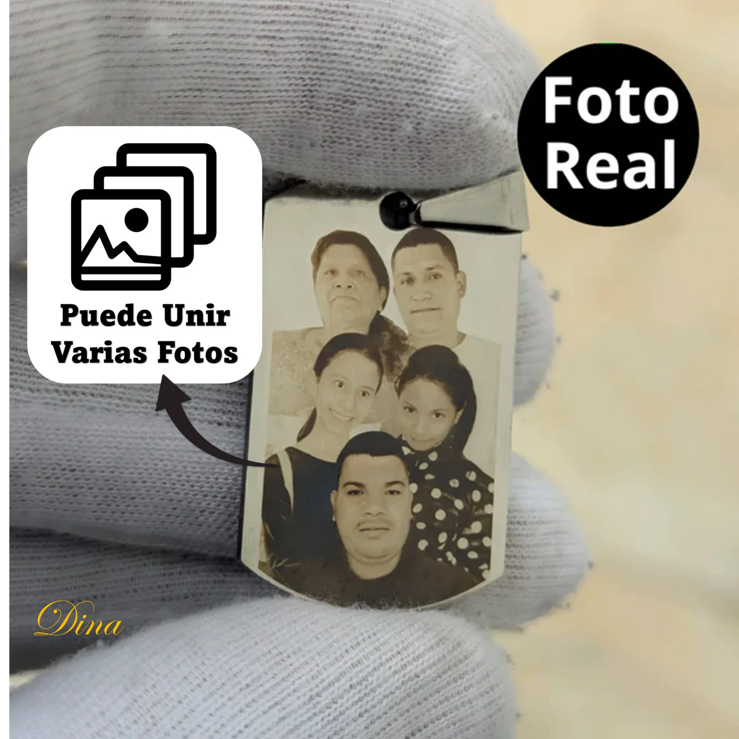 Collar con foto en formato realista y mensaje en la parte de atrás