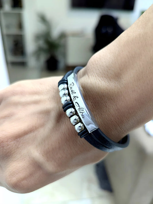 Pulsera Élite de Acero: Pulsera de cuero y acero grabada a laser personalizada