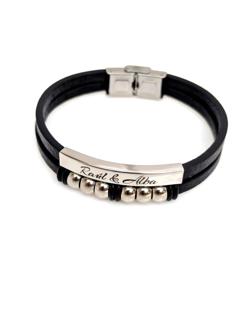 Pulsera Élite de Acero: Pulsera de cuero y acero grabada a laser personalizada