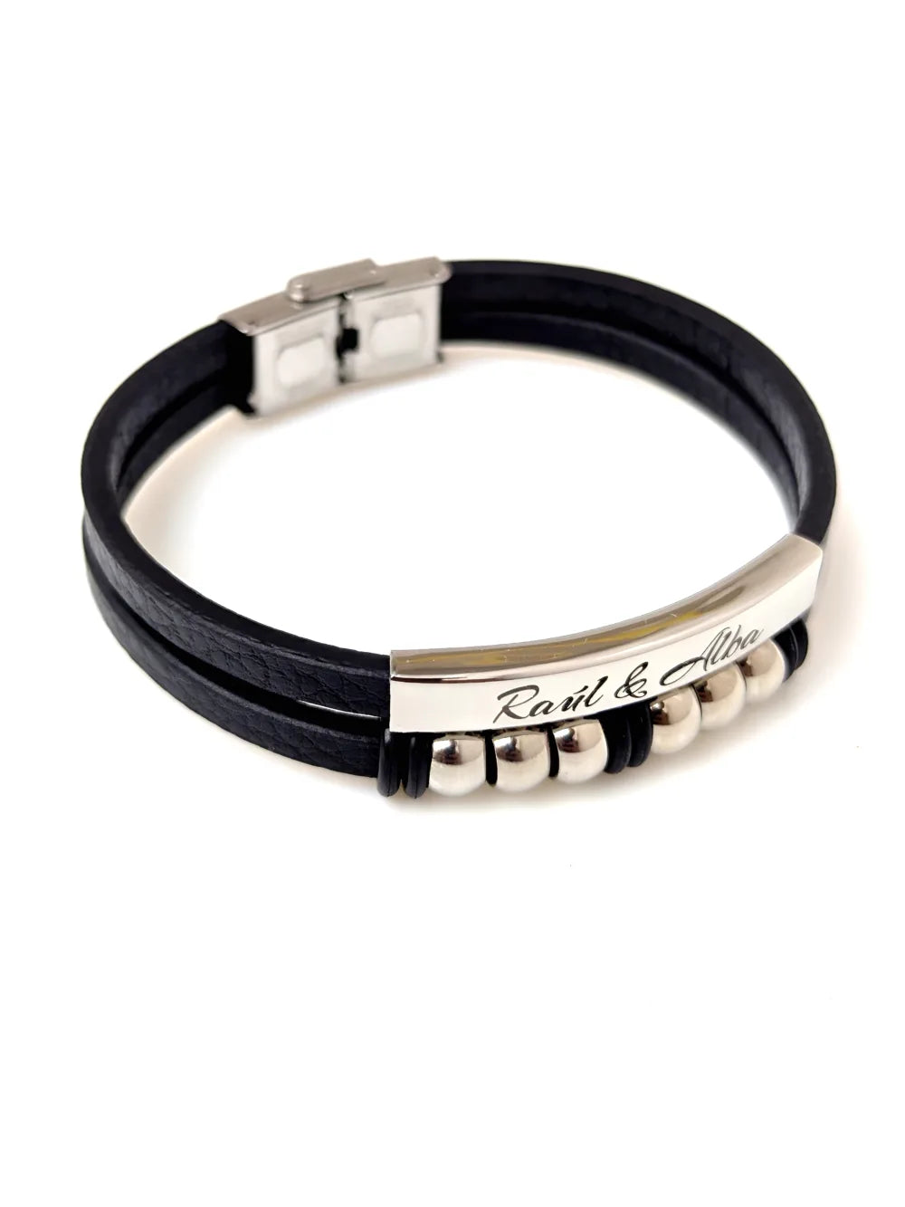 Pulsera Élite de Acero: Pulsera de cuero y acero grabada a laser personalizada