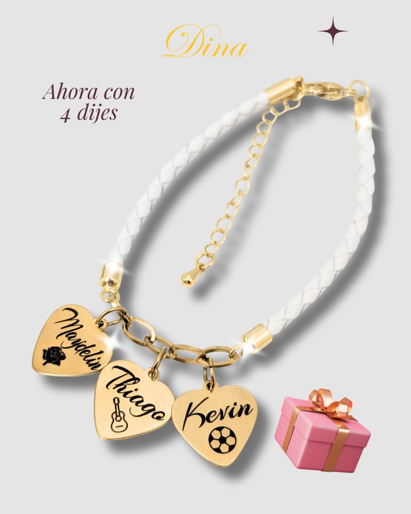 Familia Amada 2: Pulsera grabada en corazones con los nombres de la familia en acero y cuero