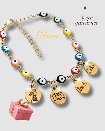 Pulsera Ojo Turco grabada con los nombres de la familia en acero