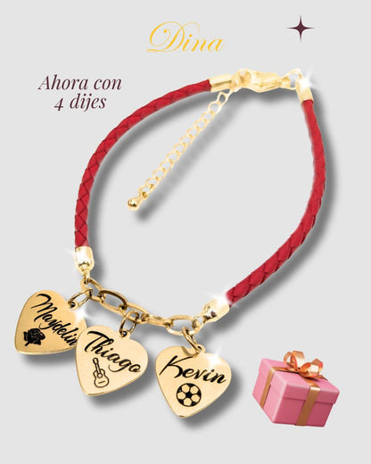 Familia Amada 2: Pulsera grabada en corazones con los nombres de la familia en acero y cuero