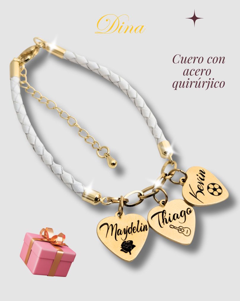 Familia Amada 2: Pulsera grabada en corazones con los nombres de la familia en acero y cuero
