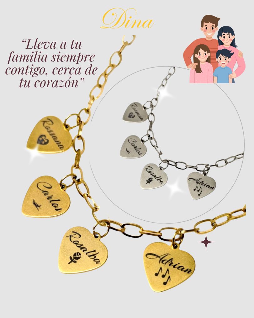 Collar Corazones de Familia: Cadena de acero con corazones con nombres personalizados