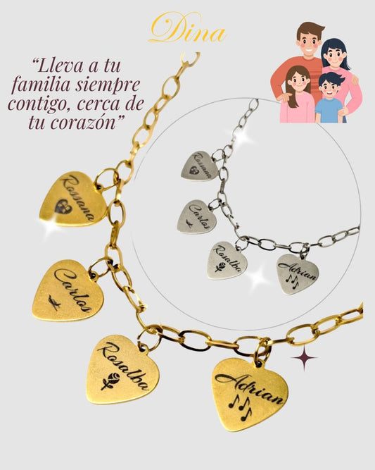 Collar Corazones de Familia: Cadena de acero con corazones con nombres personalizados