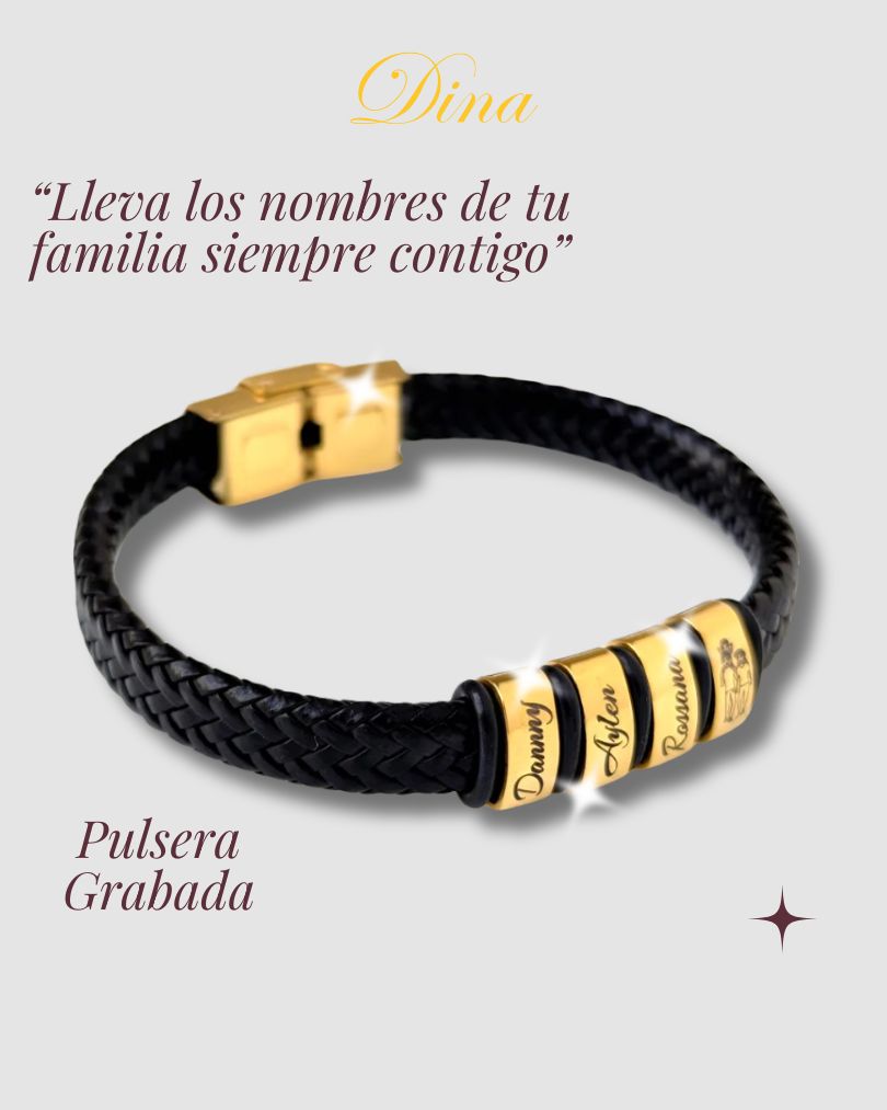 Pulsera Aros de Familia: Pulsera de acero y cuero con los nombres de la familia personalizado