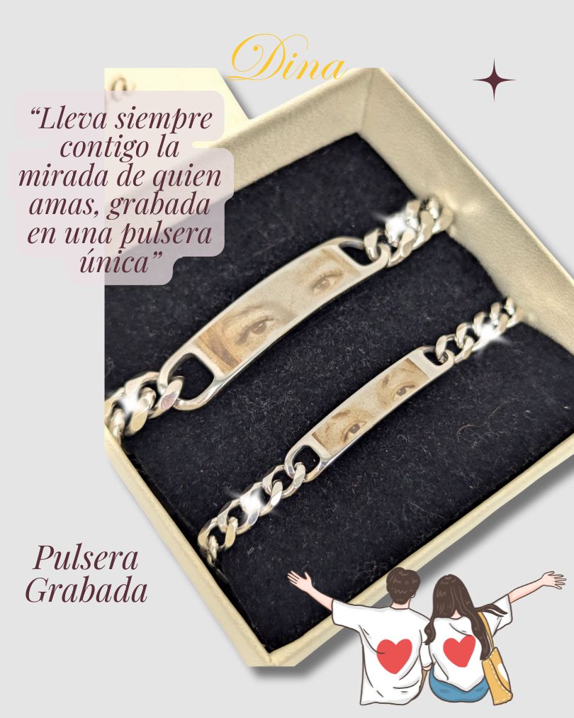 Miradas Gemelas: Pack 2 pulseras de acero de mirada de pareja y mensaje atrás