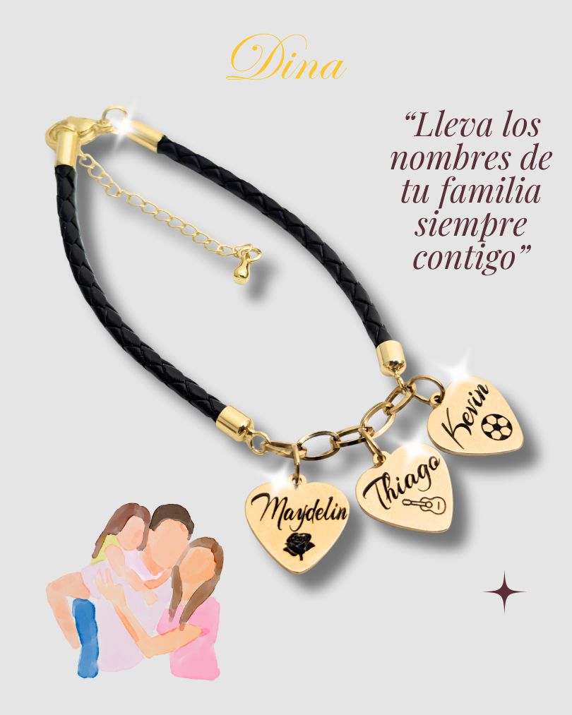 Familia Amada 2: Pulsera grabada en corazones con los nombres de la familia en acero y cuero