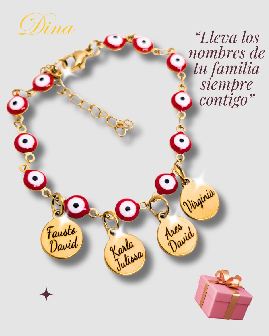 Pulsera Ojo Turco grabada con los nombres de la familia en acero