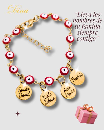 Pulsera Ojo Turco grabada con los nombres de la familia en acero