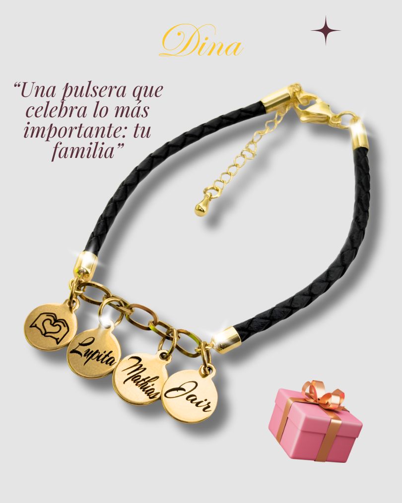 Familia Amada: Pulsera grabada con los nombres de la familia en acero y cuero
