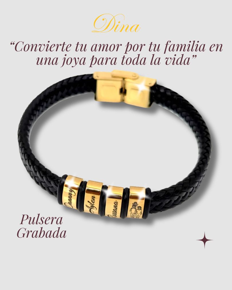 Pulsera Aros de Familia: Pulsera de acero y cuero con los nombres de la familia personalizado