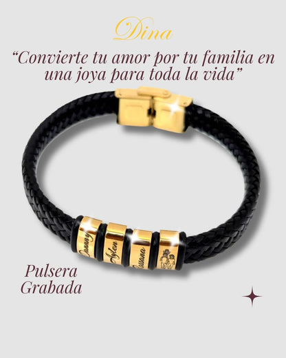 Pulsera Aros de Familia: Pulsera de acero y cuero con los nombres de la familia personalizado
