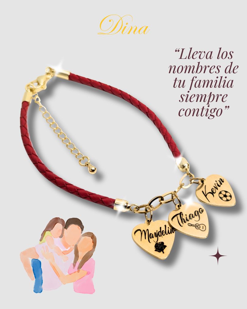 Familia Amada 2: Pulsera grabada en corazones con los nombres de la familia en acero y cuero