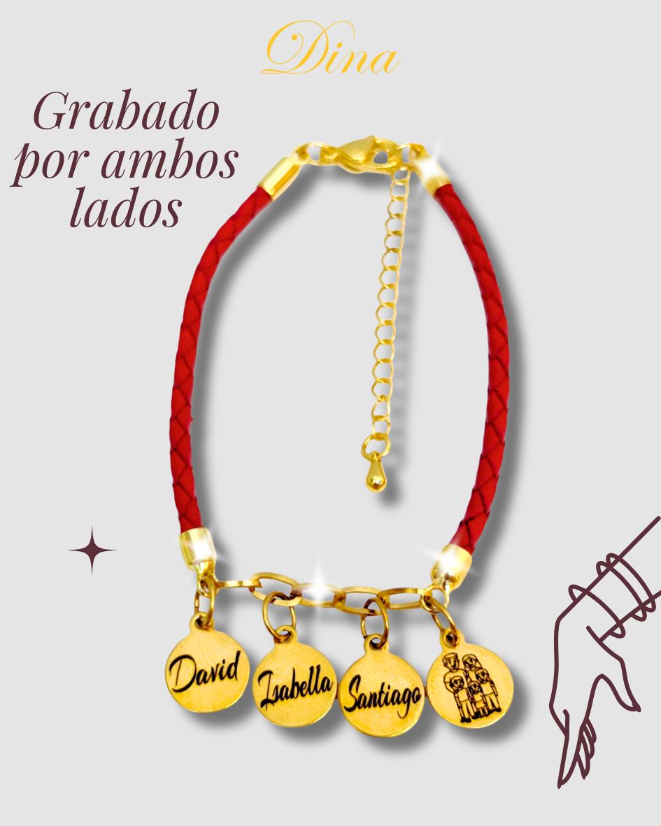 Familia Amada: Pulsera grabada con los nombres de la familia en acero y cuero