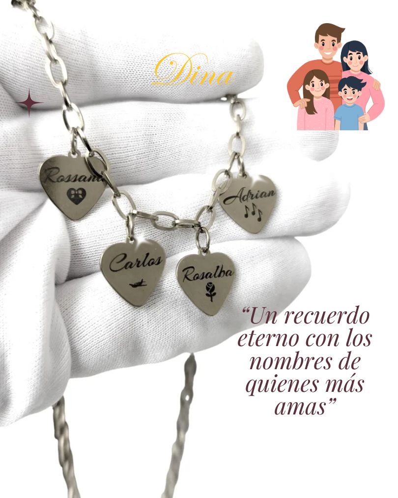 Collar Corazones de Familia: Cadena de acero con corazones con nombres personalizados