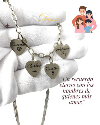 Collar Corazones de Familia: Cadena de acero con corazones con nombres personalizados