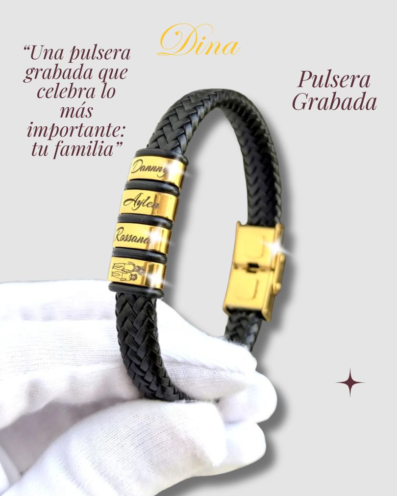 Pulsera Aros de Familia: Pulsera de acero y cuero con los nombres de la familia personalizado