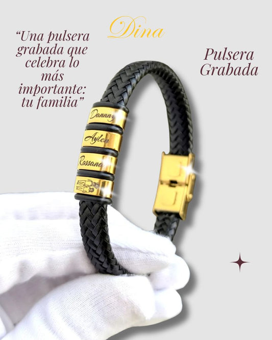 Pulsera Aros de Familia: Pulsera de acero y cuero con los nombres de la familia personalizado