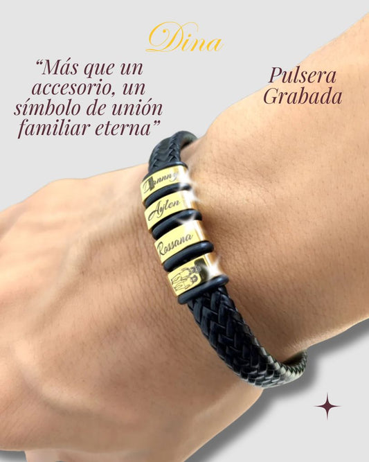 Pulsera Aros de Familia: Pulsera de acero y cuero con los nombres de la familia personalizado