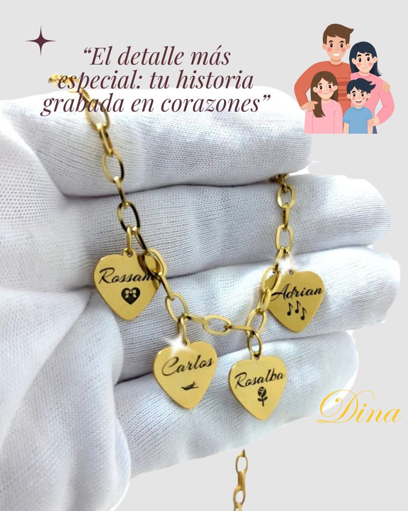 Collar Corazones de Familia: Cadena de acero con corazones con nombres personalizados