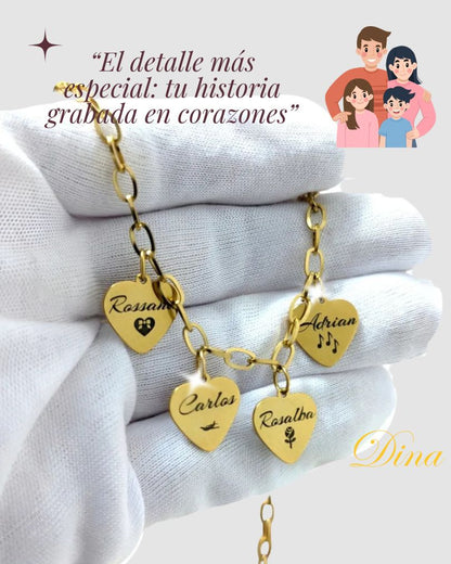 Collar Corazones de Familia: Cadena de acero con corazones con nombres personalizados