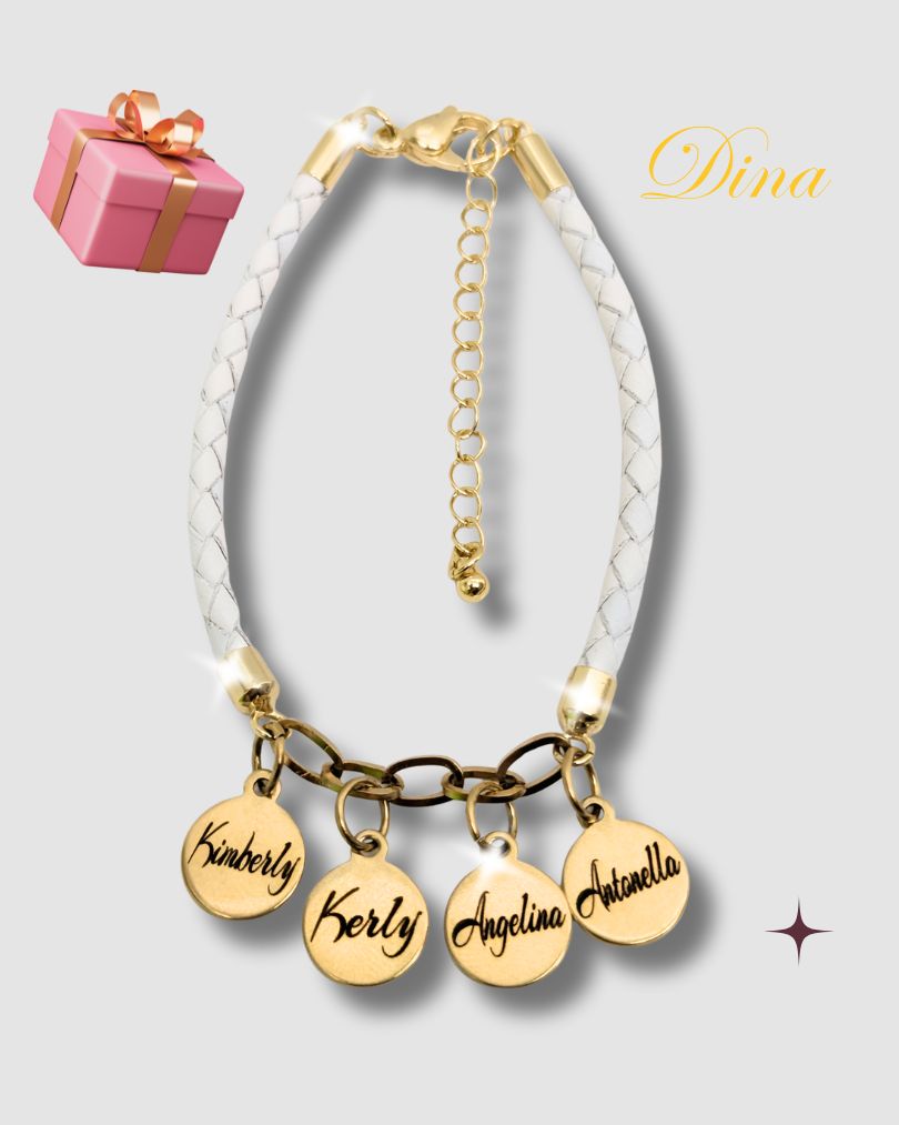 Familia Amada: Pulsera grabada con los nombres de la familia en acero y cuero
