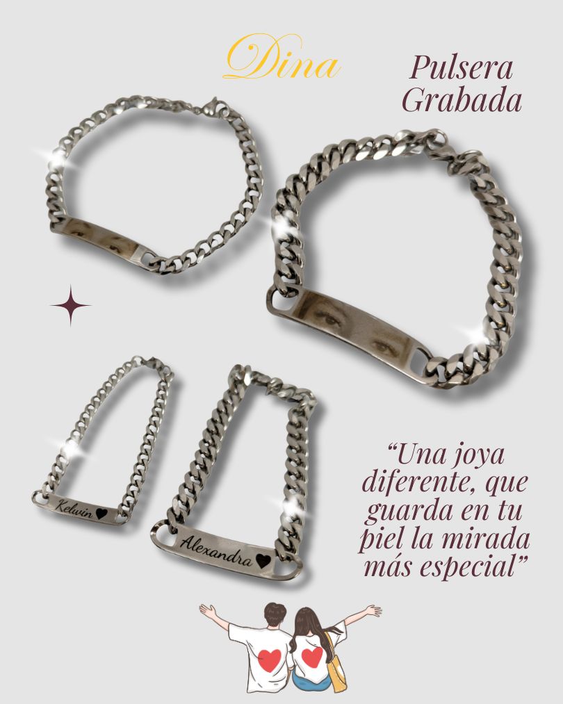 Miradas Gemelas: Pack 2 pulseras de acero de mirada de pareja y mensaje atrás