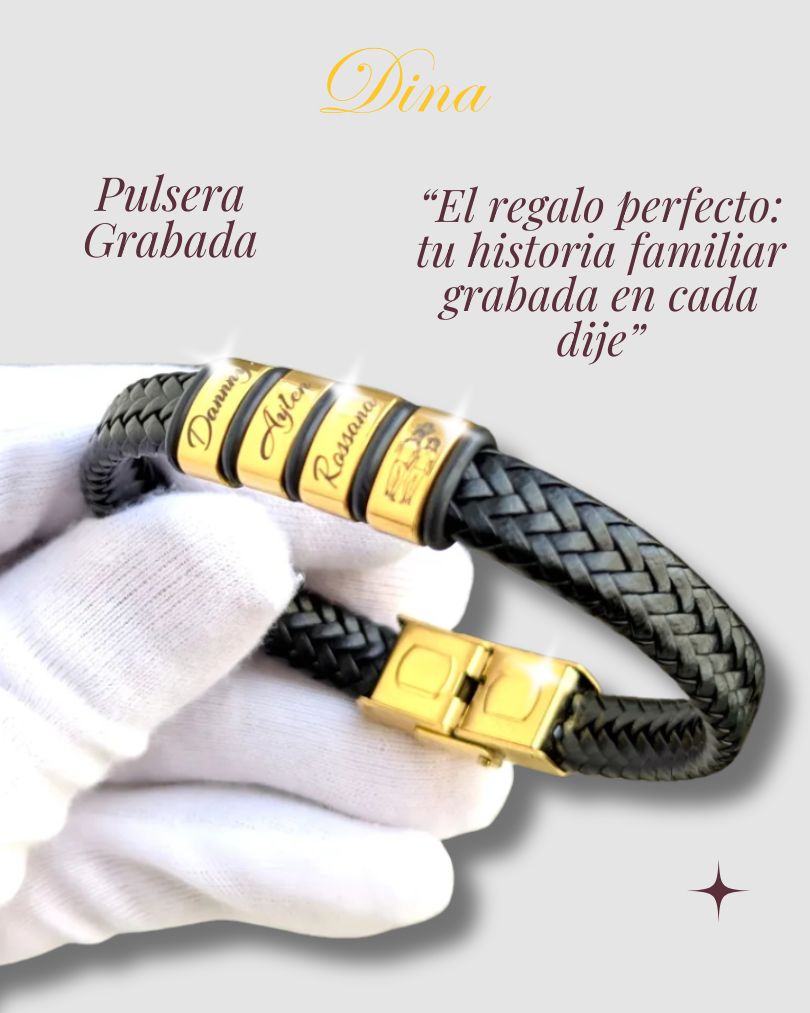 Pulsera Aros de Familia: Pulsera de acero y cuero con los nombres de la familia personalizado