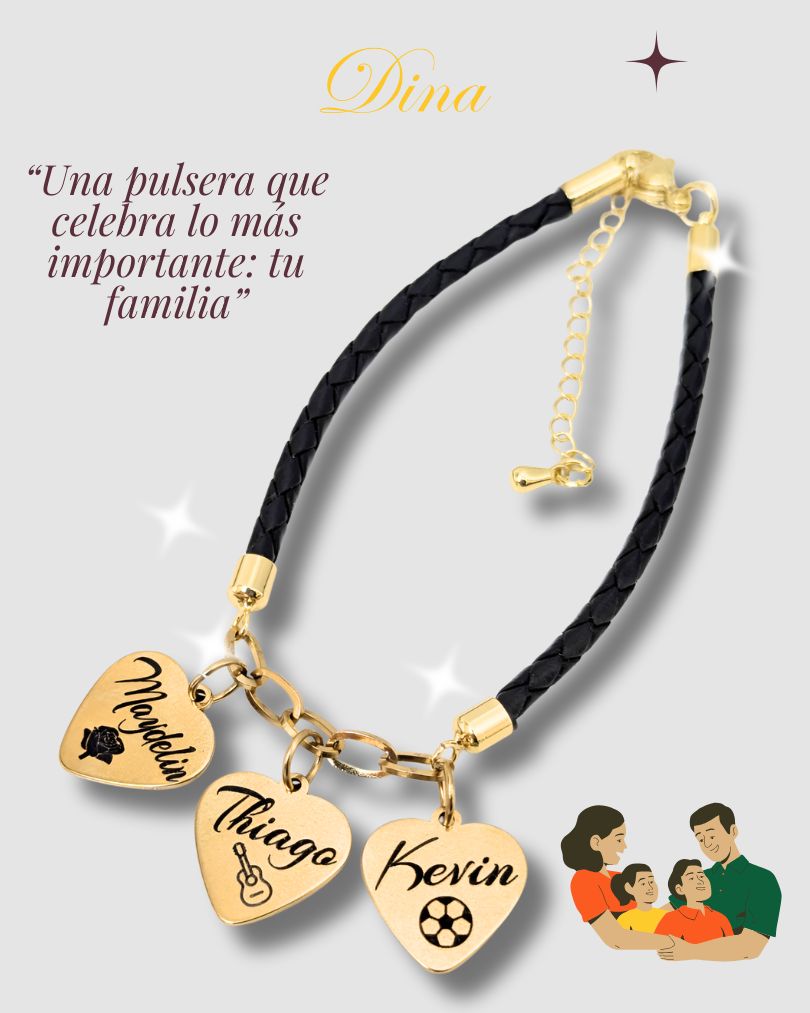 Familia Amada 2: Pulsera grabada en corazones con los nombres de la familia en acero y cuero