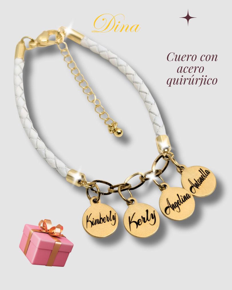 Familia Amada: Pulsera grabada con los nombres de la familia en acero y cuero