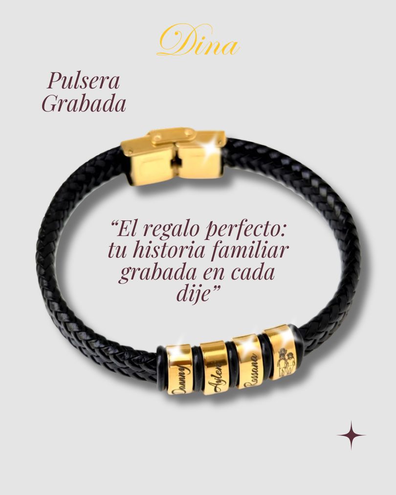 Pulsera Aros de Familia: Pulsera de acero y cuero con los nombres de la familia personalizado