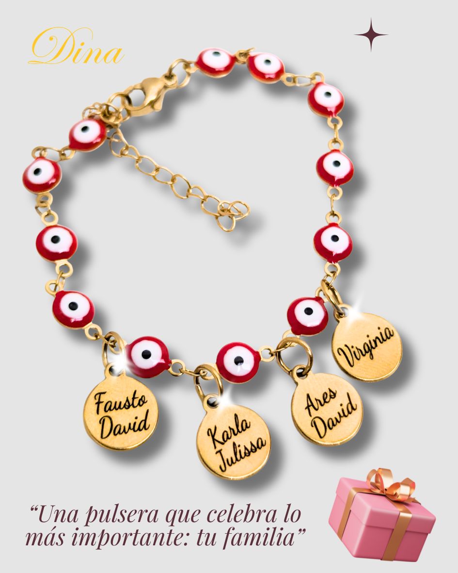 Pulsera Ojo Turco grabada con los nombres de la familia en acero