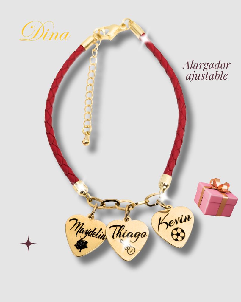 Familia Amada 2: Pulsera grabada en corazones con los nombres de la familia en acero y cuero