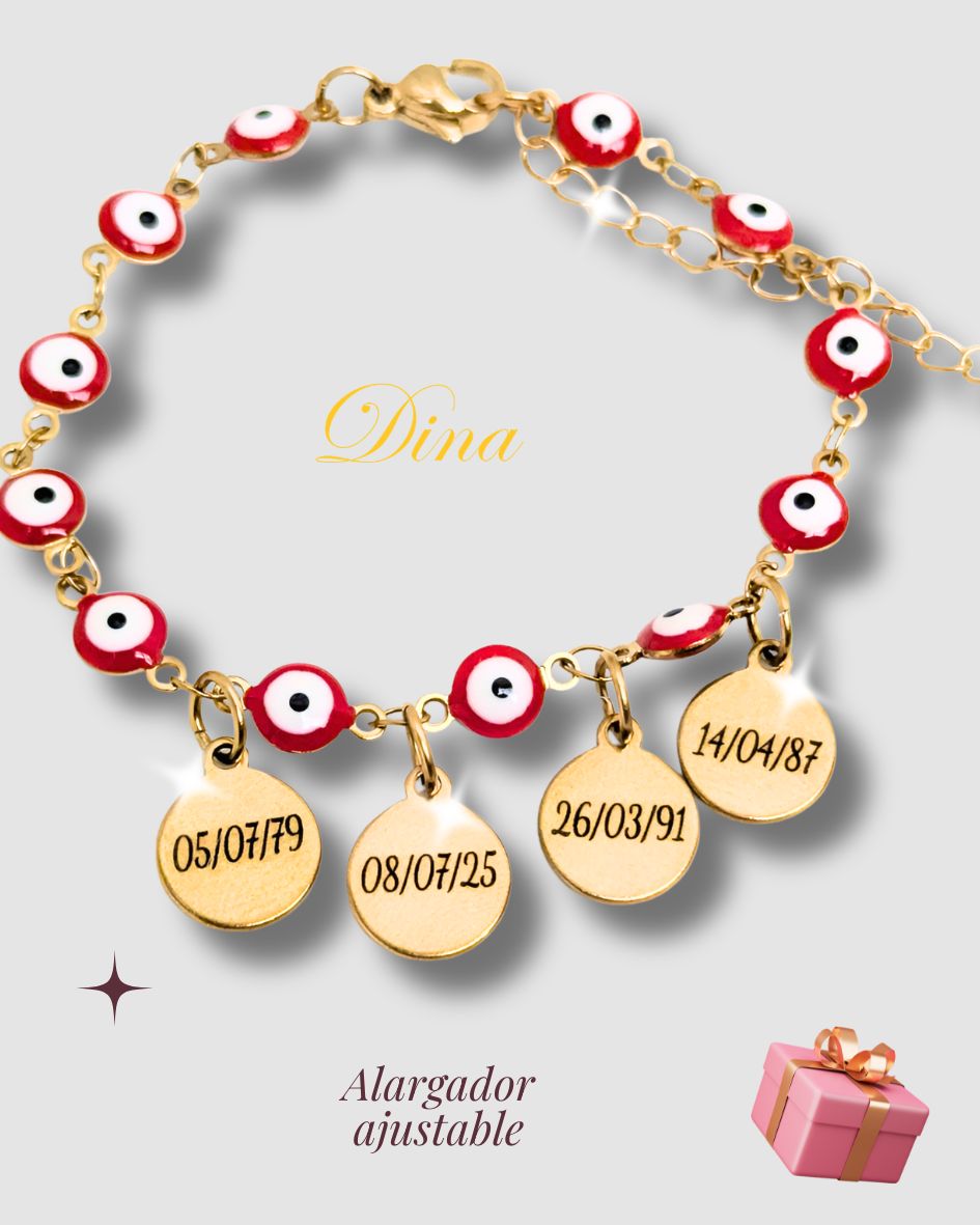 Pulsera Ojo Turco grabada con los nombres de la familia en acero