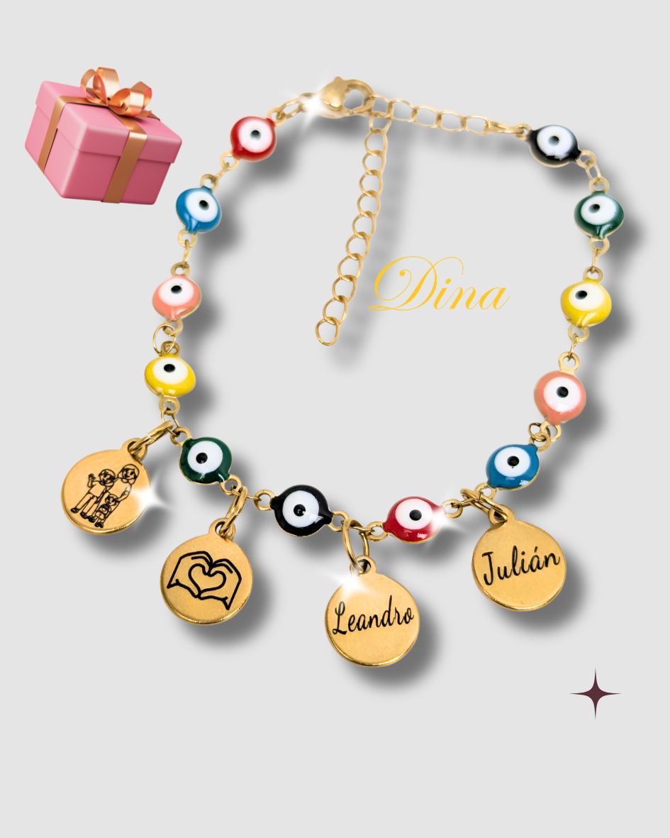 Pulsera Ojo Turco grabada con los nombres de la familia en acero