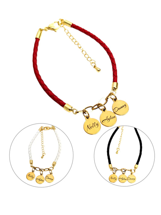 Familia Amada: Pulsera grabada con los nombres de la familia en acero y cuero