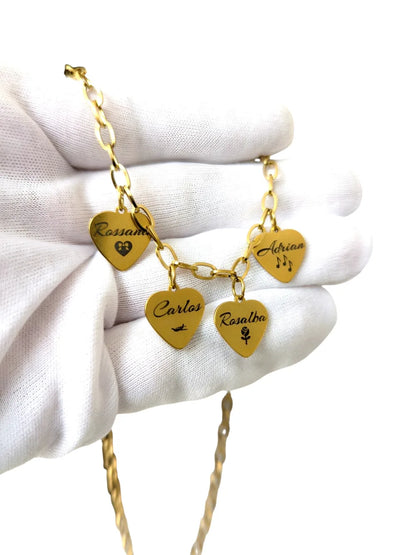 Collar Corazones de Familia: Cadena de acero con corazones con nombres personalizados