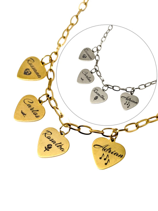 Collar Corazones de Familia: Cadena de acero con corazones con nombres personalizados