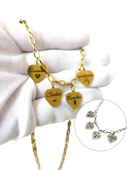 Collar Corazones de Familia: Cadena de acero con corazones con nombres personalizados
