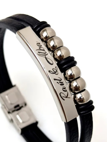 Pulsera Élite de Acero: Pulsera de cuero y acero grabada a laser personalizada