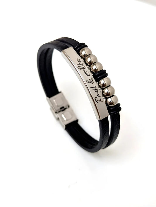 Pulsera Élite de Acero: Pulsera de cuero y acero grabada a laser personalizada