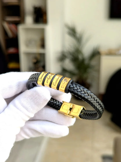 Pulsera Aros de Familia: Pulsera de acero y cuero con los nombres de la familia personalizado